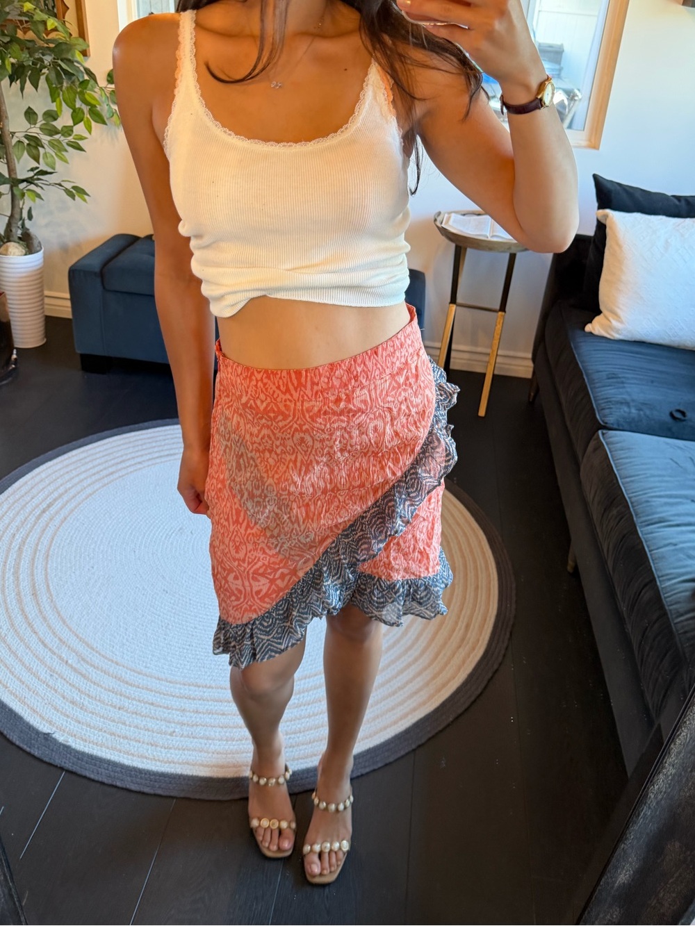 Free People Tiered Ruffle Wrap Skirt in Coral Print (Size 6)